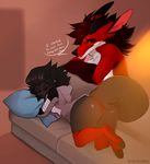 anthro butt canine clothed clothing duo facial_piercing female geekidog hair male mammal nose_piercing open_mouth piercing pillow septum_piercing sleeping thick_thighs 