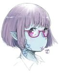  blue_skin collared_shirt face forked_tongue from_side glasses looking_at_viewer looking_to_the_side monster_girl nukomasu original pink-framed_eyewear pointy_ears portrait purple_eyes purple_hair scales semi-rimless_eyewear shirt short_hair slit_pupils solo tongue tongue_out under-rim_eyewear white_shirt wing_collar 