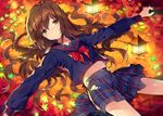  autumn autumn_leaves bangs blurry blush bow bowtie brown_eyes brown_hair depth_of_field eyebrows_visible_through_hair long_hair long_sleeves looking_at_viewer lying navel on_back original red_bow rugo school_uniform sidelocks solo 