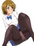  ankoiri bow breasts brown_hair highres koizumi_hanayo long_sleeves love_live! love_live!_school_idol_project medium_breasts no_jacket otonokizaka_school_uniform panties panties_under_pantyhose pantyhose pantyshot pantyshot_(sitting) plaid plaid_skirt purple_eyes school_uniform shirt simple_background sitting skirt solo striped striped_bow thighband_pantyhose underwear white_shirt 