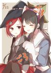  2girls bell bell_collar belly black_hair black_hat blue_shirt blush braid brown_eyes chabashira_tenko choker danganronpa duo eyes_closed gloves hair_ornament hairband hairpin happy hat itona jacket long_hair midriff miniskirt mole multiple_girls new_danganronpa_v3 red_hair ribbon school_uniform shirt short_hair skirt tied_hair twintails uniform vest witch_hat yumeno_himiko 