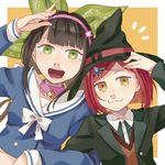  2girls bell bell_collar black_hair black_hat blue_shirt bow braid brown_eyes chabashira_tenko choker danganronpa duo hair_ornament hairband hairclip hat jacket long_hair mole multiple_girls new_danganronpa_v3 open_mouth red_hair school_uniform shirt short_hair smile tied_hair twintails uniform vest witch_hat yumeno_himiko 