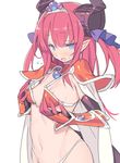  armor bangs bikini bikini_armor blade_(galaxist) blue_eyes blush breasts cape choker commentary_request curled_horns dragon_horns dragon_tail elizabeth_bathory_(brave)_(fate) elizabeth_bathory_(fate)_(all) eyebrows_visible_through_hair fang fate/grand_order fate_(series) flying_sweatdrops hair_between_eyes hair_ribbon highleg highleg_bikini horns long_hair looking_at_viewer navel oversized_clothes parted_lips pauldrons pink_hair pointy_ears purple_ribbon red_armor red_bikini red_choker ribbon silver_trim simple_background small_breasts solo string_bikini sweat swimsuit tail tiara two_side_up vambraces white_background white_cape 