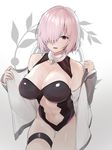  absurdres bare_shoulders blush breasts cleavage cowboy_shot fate/grand_order fate_(series) fingernails hair_over_one_eye highres large_breasts leotard long_sleeves looking_at_viewer mash_kyrielight mitsudoue nail_polish navel navel_cutout parted_lips pink_hair short_hair solo standing sweat thigh_gap undressing white_nails 