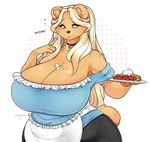  2017 anthro bear big_breasts blonde_hair blue_eyes breasts cherrikissu cleavage clothed clothing digital_media_(artwork) female food hair huge_breasts long_hair mammal pie simple_background solo thick_thighs whipped_cream 