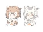  bangs blade_(galaxist) brown_coat brown_eyes brown_hair coat commentary_request curry curry_rice eating eurasian_eagle_owl_(kemono_friends) eyebrows_visible_through_hair food fur_trim grey_coat kemono_friends long_sleeves looking_at_viewer multiple_girls northern_white-faced_owl_(kemono_friends) plate rice short_hair silver_hair simple_background spoon white_background 