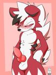  animal_genitalia animal_penis anthro balls black_fur blush canine_penis clenched_teeth erection fur hands_on_hip knot lycanroc male miau midnight_lycanroc nintendo penis pok&eacute;mon pok&eacute;mon_(species) red_fur red_sclera sheath simple_background solo standing teeth video_games white_fur 