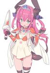  :d apron armor bangs bikini bikini_armor black_legwear blade_(galaxist) blue_eyes blush breasts cape choker commentary_request curled_horns dagger dragon_horns dragon_tail elizabeth_bathory_(brave)_(fate) elizabeth_bathory_(fate)_(all) eyebrows_visible_through_hair fang fate/grand_order fate_(series) hair_between_eyes hair_ribbon hands_up heart holding holding_dagger holding_weapon horns long_hair looking_at_viewer mismatched_legwear open_mouth pauldrons pink_hair pointy_ears purple_ribbon red_armor red_bikini red_choker ribbon silver_trim simple_background small_breasts smile solo string_bikini swimsuit tail thighhighs tiara two_side_up vambraces very_long_hair weapon white_apron white_background white_cape 