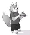  2017 anthro barefoot canine clothed clothing disney eyes_closed eyewear fan_character food fuel_(artist) glasses greyscale head_tuft holding_object male mammal monochrome pie plate screentone simple_background smile solo standing whiskers white_background wolf zootopia 