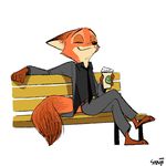  anthro bench beverage canine clothed clothing coffee cup disney eyes_closed fox mammal necktie nick_wilde sanjiseo simple_background sitting solo white_background zootopia 