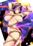  armpits arms_behind_head arms_up bandage_over_one_eye bandages bangs blush breasts breasts_apart commentary_request covered_nipples cowboy_shot gym_leader halloween highres large_breasts long_hair looking_at_viewer natsume_(pokemon) navel one_eye_covered pokemon pokemon_(game) pokemon_hgss purple_hair red_eyes solo takecha tsurime twisted_torso 