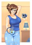  arm_behind_head arm_up bangs black-framed_eyewear blue_pants blue_shirt border bracelet breasts brown_eyes brown_hair casual cleavage cloud_print collarbone cowboy_shot cup eron eyebrows_visible_through_hair glasses hair_ornament hairpin head_tilt highres holding indoors jewelry lamp large_breasts looking_at_viewer mei_(overwatch) mouth_hold mug outside_border overwatch pants shirt sleeveless sleeveless_shirt snowball_(overwatch) star star_print steam swept_bangs tank_top 