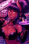  2017 alcohol armwear beverage bikini bikini_top black_hair breasts cleavage clothed clothing cute_fangs demon ear_piercing elbow_gloves female fingerless_gloves gloves hair half-length_portrait horn humanoid iahfy jewelry looking_at_viewer markings not_furry piercing pointy_ears portrait red_eyes red_skin serving_tray solo spade_tail succubus swimsuit synth tongue tongue_out 
