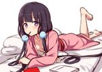  bangs barefoot blend_s blunt_bangs blurry blurry_background blush breasts commentary_request depth_of_field eyebrows_visible_through_hair food hiraga_matsuri japanese_clothes kimono long_hair long_sleeves looking_at_viewer low_twintails lying mouth_hold naked_kimono no_bra on_stomach pocky purple_eyes purple_hair sakuranomiya_maika simple_background small_breasts solo towel twintails very_long_hair white_background 