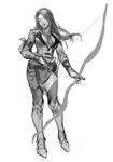  armor armored_boots boots bow_(weapon) chongning closed_eyes drawing_bow fate/grand_order fate_(series) full_body genderswap genderswap_(mtf) greyscale lipstick long_hair makeup monochrome solo standing tristan_(fate/grand_order) weapon 