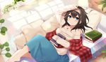  barefoot black_hair blue_eyes blush book breasts hairband highres holding holding_book idolmaster idolmaster_cinderella_girls jewelry large_breasts long_hair looking_at_viewer mafuyu_(chibi21) necklace off-shoulder_sweater ribbed_sweater sagisawa_fumika shawl solo sweater 