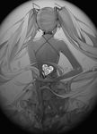  arms_behind_back back dress facing_away from_behind greyscale hatsune_miku heart long_hair monochrome saberiii solo song_name twintails unknown_mother_goose_(vocaloid) very_long_hair vocaloid 