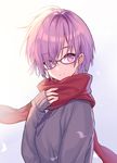  alternate_costume black_sweater blush casual closed_mouth eyebrows_visible_through_hair fate/grand_order fate_(series) from_side glasses gradient gradient_background grey_background hair_over_one_eye hand_on_own_chest kura_(kuraaaaaa) long_sleeves looking_to_the_side mash_kyrielight pink_hair purple-framed_eyewear purple_eyes red_scarf scarf short_hair sleeves_past_wrists smile solo sweater tareme upper_body 