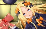  :o abigail_williams_(fate/grand_order) bangs black_bow black_dress black_hat blonde_hair blue_eyes blush bow commentary_request dress fate/grand_order fate_(series) hair_bow hat hat_removed headwear_removed highres kana616 long_hair long_sleeves looking_at_viewer lying on_back orange_bow parted_bangs parted_lips polka_dot polka_dot_bow red_bow sleeves_past_wrists solo stuffed_animal stuffed_toy teddy_bear upper_teeth 
