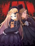  abigail_williams_(fate/grand_order) absurdres bangs black_bow black_dress black_hat blonde_hair blue_eyes blush bow bug butterfly closed_mouth commentary_request dress dual_persona eyebrows_visible_through_hair fate/grand_order fate_(series) hair_bow hat highres insect ky_(ky990533) long_sleeves looking_at_viewer multiple_girls noose object_hug orange_bow parted_bangs parted_lips polka_dot polka_dot_bow profile purple_eyes sleeves_past_fingers sleeves_past_wrists smile stuffed_animal stuffed_toy teddy_bear 