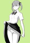  blush bow bowtie breast_pocket closed_mouth collared_shirt cowboy_shot eyebrows_visible_through_hair green_background groin legs_together lifted_by_self looking_away monochrome nanahime original panties panty_pull pinky_out pocket pulled_by_self shirt short_sleeves simple_background sketch skirt skirt_lift solo standing twintails underwear v-shaped_eyebrows wing_collar 