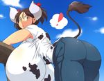  animal_humanoid bent_over big_breasts bovine breasts brown_hair butt clothed clothing cow_humanoid cow_print female hair hair_ribbon hataraki_ari horn huge_breasts humanoid hyper hyper_breasts jeans mammal pants rear_view ribbons shirt short_hair solo sukimi_(hataraki) tail_tuft tuft yellow_eyes 