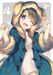  ;d animal_hood bangs blue_coat blush brown_hair coat dog_hood duffel_coat eyebrows_visible_through_hair fang fur-trimmed_coat fur-trimmed_sleeves fur_trim grey_background hands_up head_tilt heart heart-shaped_pupils hood hood_up hooded_coat long_hair long_sleeves looking_at_viewer one_eye_closed open_mouth original paw_background purple_eyes round_teeth smile solo sweater symbol-shaped_pupils tareme tatami_to_hinoki teeth upper_body w_arms white_sweater winter_clothes winter_coat 