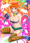  alternate_breast_size animal_ears arm_behind_back arm_support bangs bare_shoulders bell blue_eyes blush breasts cat_ears cat_girl cat_paws cat_tail choker cleavage commentary_request eyebrows_visible_through_hair fang front-tie_top gloves hair_between_eyes halloween highres horizontal_stripes kasumi_(pokemon) large_breasts midriff navel nintendo open_mouth orange_hair paw_gloves paws pokemon pokemon_(game) pokemon_gsc pokemon_hgss short_hair short_shorts shorts spider_web_print striped striped_legwear tail takecha tareme thighhighs underboob 