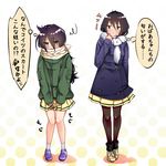  black_hair blush chiku_(gesu) coat cosplay costume_switch fur_scarf hands_on_own_thighs kuroki_tomoko messy_hair multiple_girls pantyhose scarf socks tamura_yuri thought_bubble translated watashi_ga_motenai_no_wa_dou_kangaetemo_omaera_ga_warui! 