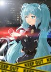  39 absurdres aqua_eyes aqua_hair belt blurry caution_tape depth_of_field hatsune_miku highres icefurs keep_out long_hair looking_at_viewer necktie night open_mouth police skirt solo sunglasses twintails utility_belt very_long_hair vocaloid 
