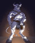  2017 anthro balls black_penis bovine clothed clothing erection front_view fur horn humanoid_penis laser_(artist) loincloth looking_at_viewer male mammal masturbation minotaur muscular muscular_male partially_clothed penis presenting simple_background solo straps white_fur 