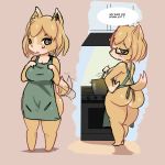  anthro apron blush butt canine chibi clothing dialogue english_text eyewear female glasses looking_at_viewer mammal mature_female smile solo standing tanuk_kun text thick_thighs 