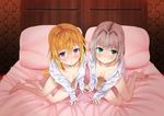  2girls barefoot blonde_hair blush character_request charlotte_dunois feet female infinite_stratos looking_at_viewer mikoten35 multiple_girls on_bed open_clothes 