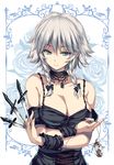  alternate_costume bare_shoulders black_dress blue_eyes bow braid breast_hold breasts cleavage closed_mouth commentary_request dagger detached_collar dress eyebrows_visible_through_hair hair_between_eyes hair_bow highres izayoi_sakuya large_breasts lips moneti_(daifuku) pocket_watch short_hair silver_hair solo touhou twin_braids upper_body watch weapon wrist_cuffs 