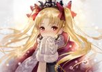  bangs blonde_hair blush bow cape closed_mouth earrings ereshkigal_(fate/grand_order) eyebrows_visible_through_hair fate/grand_order fate_(series) hair_bow jewelry long_hair looking_at_viewer mittens motion_blur nose_blush own_hands_together parted_bangs red_bow red_cape scarf smile snowflakes snowing solo sparkle tareme terai_(teraimorimori) tiara two_side_up upper_body very_long_hair white_scarf 
