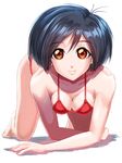  1girl all_fours artist_request bikini black_hair breasts cleavage cyborg eyebrows_visible_through_hair gally gunnm lips looking_at_viewer red_eyes short_hair smile solo white_background 