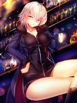  ahoge alcohol black_dress bottle breasts chair coat commentary_request crossed_legs cup dress fate/grand_order fate_(series) full-length_zipper fur-trimmed_coat fur_trim hair_between_eyes highres holding indoors jacket jeanne_d'arc_(alter)_(fate) jeanne_d'arc_(fate)_(all) large_breasts long_sleeves looking_at_viewer miniskirt short_dress short_hair silly_(marinkomoe) silver_hair sitting skirt smile solo table thighs wicked_dragon_witch_ver._shinjuku_1999 wine wine_bottle yellow_eyes zipper 