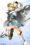  aqua_eyes belt blonde_hair cape crown dress feathers fire_emblem fire_emblem_heroes fjorm_(fire_emblem_heroes) from_side highres holding holding_weapon jam8686 leg_up long_sleeves looking_to_the_side one_eye_closed open_mouth polearm short_dress short_hair snowing solo spear thighhighs torn_cape torn_clothes twitter_username weapon 