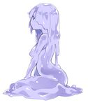  blue_eyes breasts commentary_request from_side full_body goo_girl hair_over_one_eye highres lavender_hair lavender_skin long_hair looking_at_viewer medium_breasts melting monster_girl nude one_eye_covered original simple_background solo tsunekichi white_background 