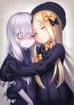  3; abigail_williams_(fate/grand_order) bags_under_eyes bangs black_bow black_dress black_hat blonde_hair blush bow closed_eyes closed_mouth commentary dress fate/grand_order fate_(series) hair_bow hat hug koko_(koko3) lavinia_whateley_(fate/grand_order) long_hair long_sleeves looking_at_viewer multiple_girls nose_blush one_eye_closed orange_bow parted_bangs pink_eyes polka_dot polka_dot_bow sleeves_past_wrists smile very_long_hair white_hair wide-eyed 