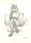  2017 anthro book breasts canine claws eyewear featureless_breasts female fox glasses greyscale hair long_hair mammal monochrome nude pillow scale_(artist) signature sitting sketch solo 