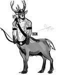  2014 abs antlers armband arrow beard bgn biceps bow_(weapon) cervine deer deertaur digital_media_(artwork) facial_hair full-length_portrait greyscale hair holding_object holding_weapon hooves horn looking_at_viewer male mammal monochrome muscular muscular_male pecs portrait quadruped quiver ranged_weapon sagittarius_(zodiac) short_hair signature simple_background solo taur weapon white_background 