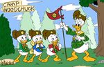  4_fingers anthro avian bird bottomless boy_scout clothed clothing dewey_duck digital_drawing_(artwork) digital_media_(artwork) disney donald_duck duck feathers flag grass group harara hat hi_res holding_object huey_duck looking_at_another looking_down looking_up louie_duck neckerchief open_mouth open_smile pine_tree rock salute scouts signature sky smile standing tail_feathers tree webbed_feet white_feathers 