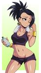  black_eyes black_hair bocodamondo bottle breasts cleavage collarbone commentary dragon_ball dragon_ball_super earrings groin gym_shorts highres holding holding_bottle hoop_earrings jewelry kale_(dragon_ball) lipstick lowleg lowleg_shorts makeup medium_breasts midriff navel one_eye_closed ponytail short_shorts shorts solo spiked_hair sweat tank_top towel towel_around_neck water_bottle 