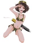  akiyama_yukari armpits bikini blush bra breasts brown_eyes brown_hair camouflage camouflage_bikini collarbone girls_und_panzer groin hat highres military_hat navel open_mouth sazanka short_shorts shorts simple_background small_breasts solo swimsuit underwear white_background 