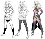  1girl bodysuit breasts character_sheet demon_girl female full_body horns large_breasts long_hair looking_at_viewer monochrome school_uniform shiny shoes simple_background sketch skirt smile solo standing thong uniform white_background zol 