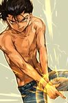  bangs black_hair cowboy_shot denim electricity finger_gun fingernails grey_background grin hair_slicked_back hankuri jeans male_focus pants parted_lips red_eyes sanpaku shirtless smile solo sparks standing urameshi_yuusuke wrist_grab yuu_yuu_hakusho 