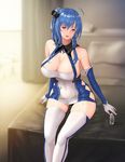  ahoge argyle_cutout arms_at_sides azur_lane bangs bare_shoulders blue_hair blue_ribbon blurry blurry_background breasts buttons cleavage commentary_request elbow_gloves garter_straps gloves hair_tie halter_top halterneck hayabusa heart heart-shaped_pupils highres indoors large_breasts looking_at_viewer on_bed open_mouth pillow purple_eyes ribbon side_ponytail sideboob sidelocks sitting sitting_on_bed skin_tight solo st._louis_(azur_lane) symbol-shaped_pupils thighhighs turret 