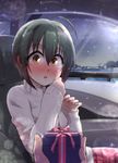  ahoge black_hair blush box brown_eyes car_interior commentary_request gift gift_box highres holding holding_gift idolmaster idolmaster_cinderella_girls ishii_takuma kohinata_miho out_of_frame parted_lips pov pov_hands short_hair sweater 