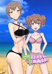  2girls alisa_(girls_und_panzer) beach bikini black_bkini blue_eyes blush breasts brown_hair freckles girls_und_panzer groin large_breasts multiple_girls naomi_(girls_und_panzer) navel ocean pink_bikini 